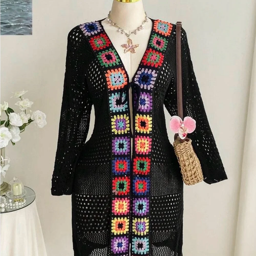 Black Crochet Long Cardigan with Multicolor Squares - Picture 4 of 5